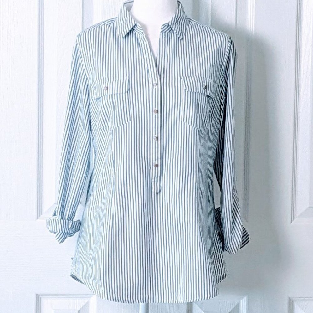 ZAC & RACHEL Women's Long Sleeve Fitted Shirt Top  Size M  Blue White Stripe
